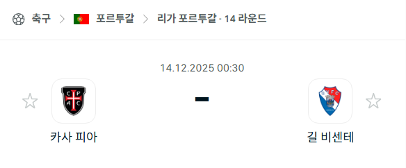 [포르투갈 프리메이라리가] 2025년12월14일 카사피아 vs 길 비센테 분석 중계