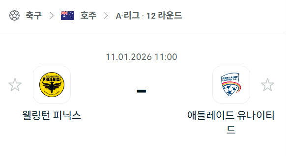 [호주 A리그] 01월11일 웰링턴 피닉스 vs 애들레이드 유나이티드 분석 중계