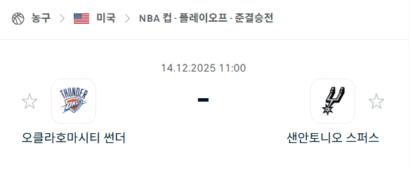 [미국 NBA] 2025년12월14일 오클라호마시티 썬더 vs 샌안토니오 스퍼스 중계
