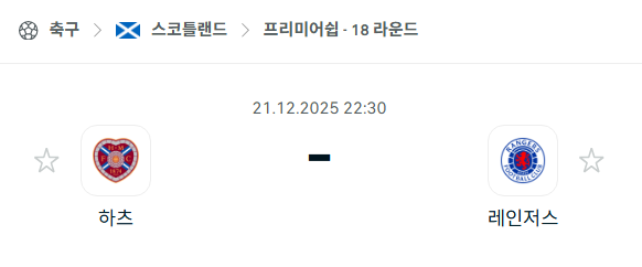 하트 오브 미들로디언 - 레인저스 분석 | 스코틀랜드·프리미어십 12월21일 승부예측·중계