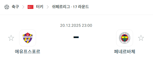 [터키 쉬페르리그] 2025년12월20일 에유프스포르 vs 페네르바체 분석 중계