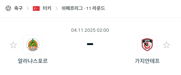 [터키 쉬페르리그] 2025년11월4일 알라냐스포르 vs 가지안테프 분석 중계