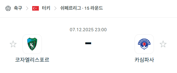 [터키 쉬페르리그] 2025년12월07일 코자엘리스포르 vs 카심파샤 분석 중계