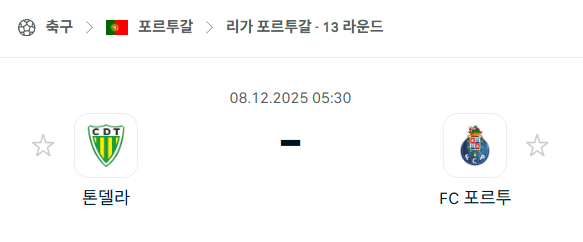 [포르투갈 프리메이라리가] 2025년12월08일 톤델라 vs FC포르투 분석 중계